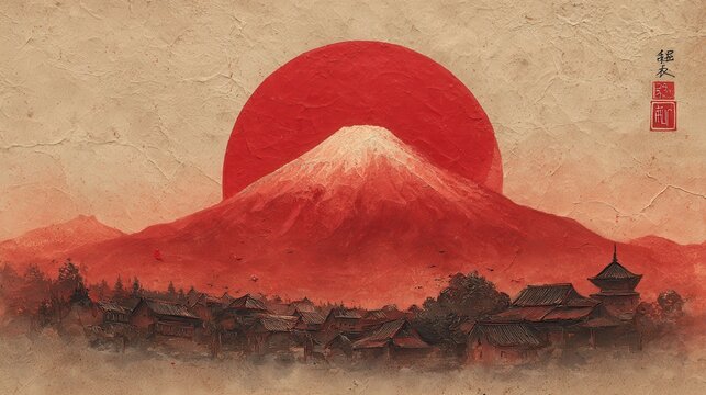 Japanese traditional style painting. Watercolor. A village at the foot of a towering Mt. Fuji under a large crimson sun. Textured paper