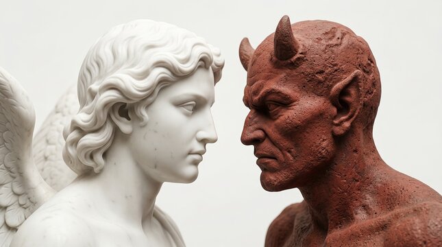 Marble angel statue facing clay devil statue. Sculpture depicting contrast between good and evil, heaven and hell. Concepts of duality, morality, ethics, religion, inner conflict and choice.
