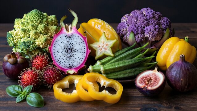 Assorted vibrant exotic fruits and vegetables on a wooden surface with soft focus background.