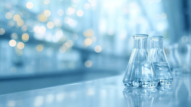 Laboratory glass flasks with clear liquid on a blue bokeh background, science and research concept