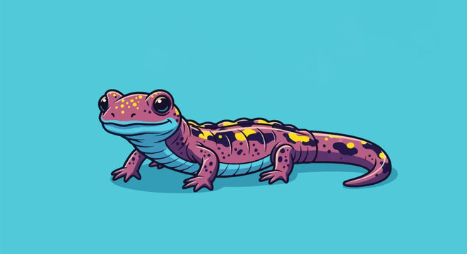 Stylized vector illustration of a pink and purple cartoon salamander featuring bright yellow spots, dark markings, and a light blue belly, set against a solid turquoise blue background.