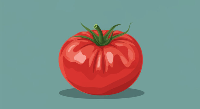 A large red heirloom beefsteak tomato illustration with a green stem and leaves, isolated on a solid teal blue background in a flat vector graphic style with simple shading and shadow.