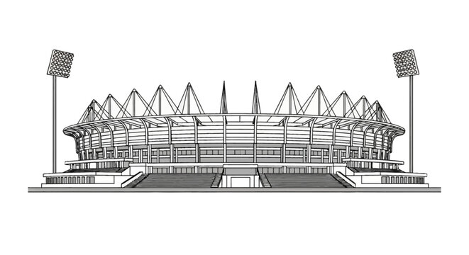 Minimalist line drawing of a modern cricket stadium with large floodlights, tiered seating, architectural roof structures, and main entrance stairs isolated on white background.