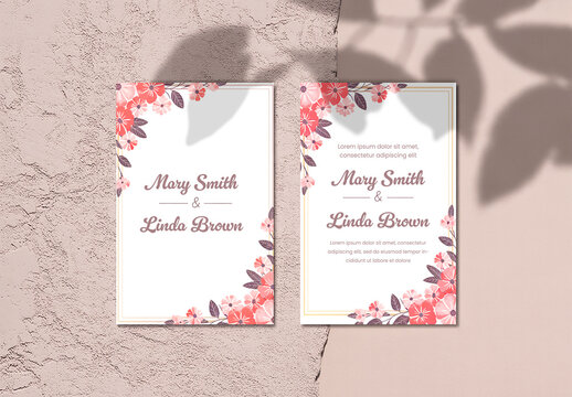 Two Floral Wedding Invitation Card Mockups on Textured Wall with Leaf Shadows