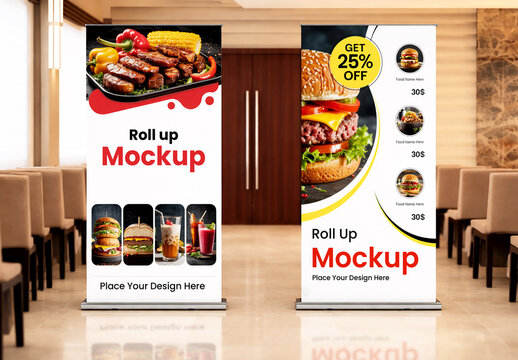 Two Vertical Roll Up Banner Mockups in Restaurant Interior with Food Menu and Burger Design