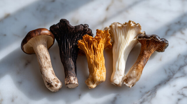 Minimalist studio arrangement of five mushroom varieties on white marble surface, foraging revival, mycological still life, gourmet fungi, chanterelle morel oyster lion's mane, culinary detail, wild
