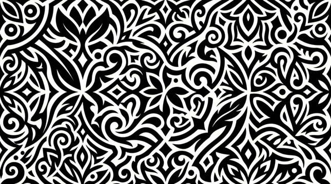 Intricate black and white floral pattern design.