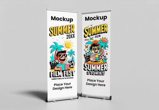 Two Vertical Roll Up Banner Mockups with Summer Film Fest Cartoon Illustration on Plain Background