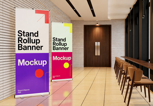 Two Vertical Roll Up Banner Mockups in Modern Cafe Lobby with Minimalist Interior Design