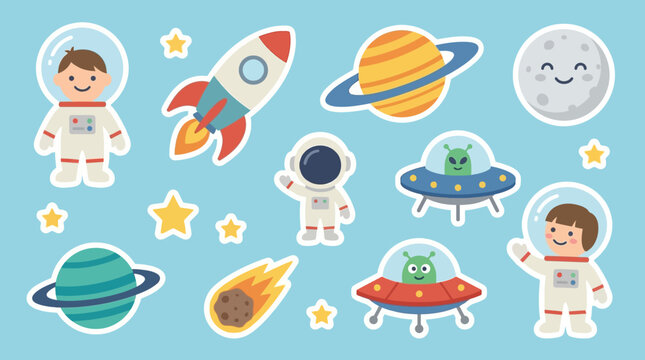 Colorful cartoon stickers of astronauts and space objects.