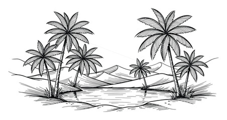 Naklejka premium Desert oasis landscape with palm trees and water pond, perfect for travel nature or relaxation themed projects
