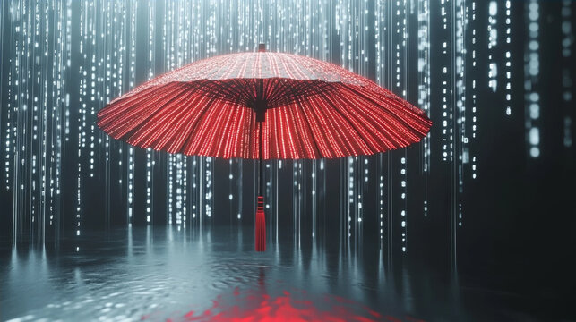 Futuristic red glowing umbrella in a digital data code rain matrix environment concept
