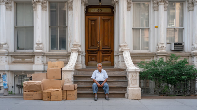 Long-term Latino resident sits on stoop watching luxury condos rise across street, weathered building facade, cardboard moving boxes beside neighbor's door, urban displacement, neighborhood change, 