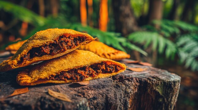 Close-up of golden Caribbean jerk chicken empanadas with a savory filling resting on a rustic wooden surface
