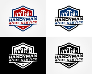 Naklejka premium Handyman Home Service Logo design vector With Tools Silhouette, House Roof Emblem and Professional Repair Branding