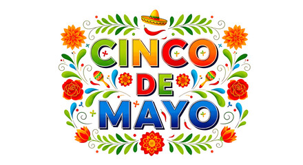 Obraz premium Cinco de Mayo festive typography with floral ornaments isolated on transparent background