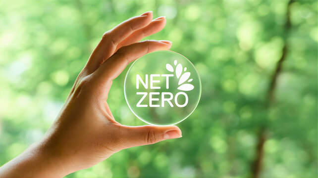 Net Zero concept graphic held in hand against a blurred green nature background promoting environmental sustainability and carbon neutrality