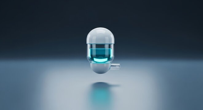 Implantable drug reservoir 3D render, medical capsule device visualization, biocompatible drug delivery implant system, sterile controlled release reservoir, advanced pharmaceutical implant design