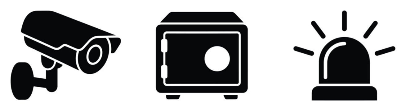 Essential security and protection icons including a surveillance camera, safe, and siren for safety concepts