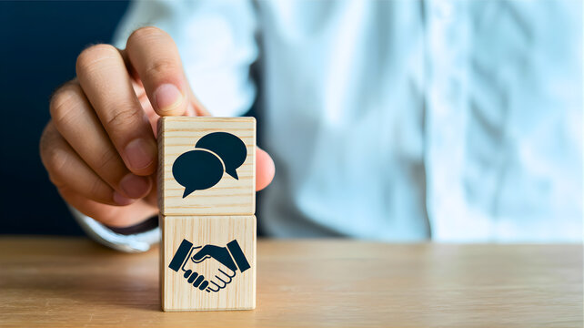 Two wooden blocks are stacked and show icons of a handshake and speech bubbles, symbolizing communication and partnership in business