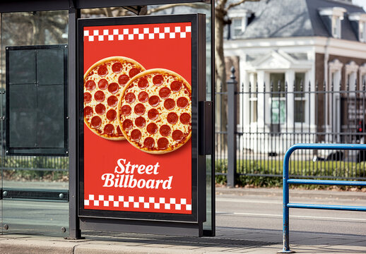 Vertical Billboard Mockup at City Bus Stop Shelter with Pepperoni Pizza Advertisement Design
