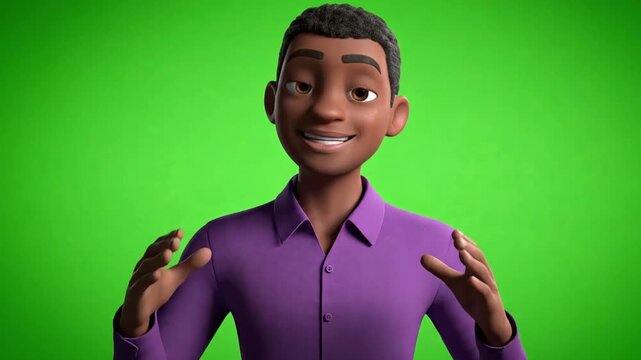 A simple and clean 3D animated male avatar in a purple shirt, presented on a green screen background. Great for presentations, explainer videos, or corporate animations.