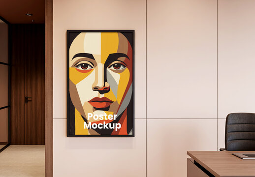 Vertical Framed Poster Mockup on Office Wall with Modern Abstract Portrait Art Design