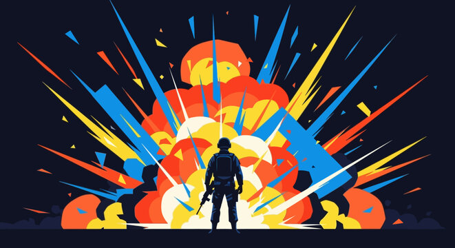 Soldier Standing in Front of Dramatic Explosion Illustration, Flat Vector Art of Military Combat Scene, War Hero and Fire Blast Concept Background