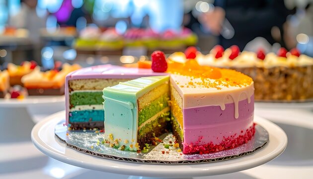 A vibrant, layered cake with a slice cut out on a white plate
