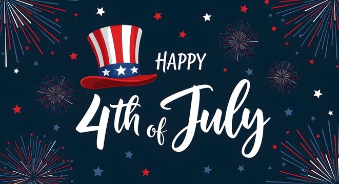 Happy 4th of july greeting card with patriotic top hat and fireworks on dark blue background