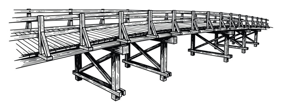 Hand drawn black and white wooden bridge sketch with detailed timber structure perfect for architectural blueprints and vintage designs