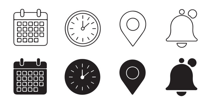 Set of calendar, clock, location pin and notification bell icons. modern thin and solid black vector symbols.