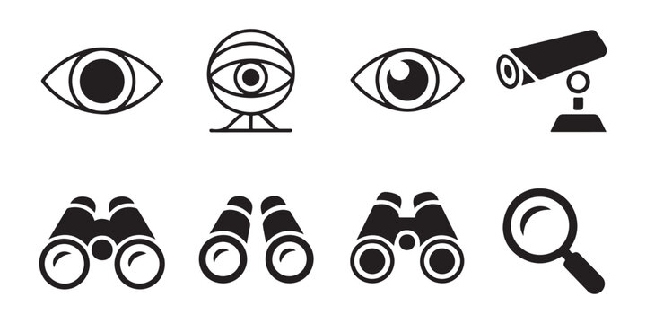 Set of icons: eyes security camera binoculars and magnifying glass for visual search and surveillance.