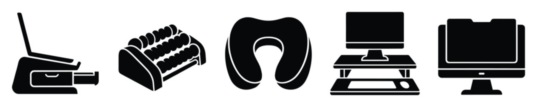 Essential digital technology and comfort icons featuring a laptop abacus pillow desktop computer and monitor for educational and business media