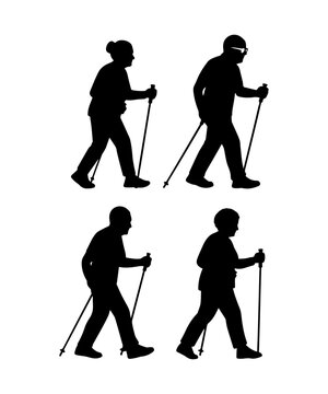 Elderly women and men enjoying nordic walking for active lifestyle
