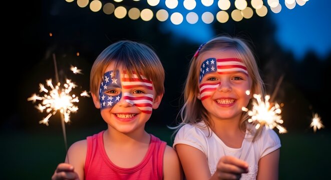 Two happy children with american flag face paint holding sparklers at night during a 4th of july celebration