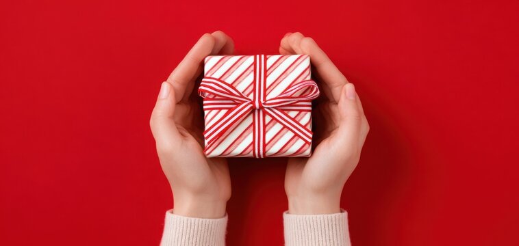 The gift wrapped in red and white stripes held gently in two hands