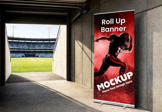 Vertical Roll Up Banner Mockup at Sports Stadium