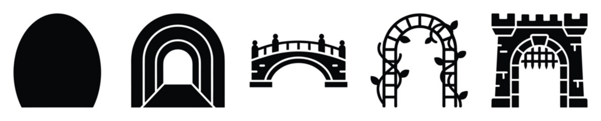 Fototapeta premium Collection of diverse archway and architectural structure silhouette icons for building and landscape design elements