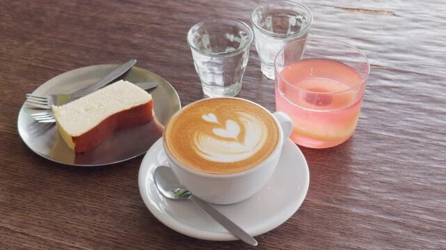 Thai Caf&eacute; Table with Latte Coffee Pink Drink and Cake, Overhead Shot