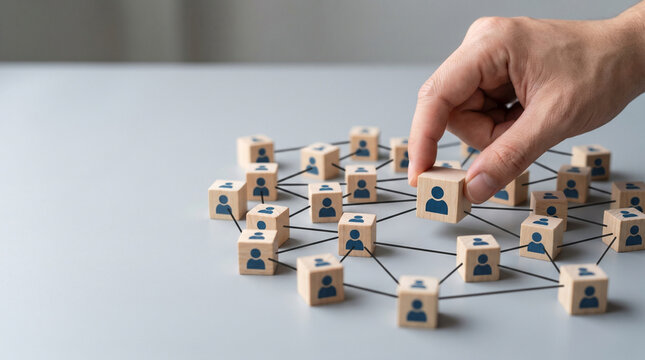 Human Connection Blueprint: A hand carefully places a block in a network of connected blocks, symbolizing the importance of connection, collaboration, and building strong relationships.