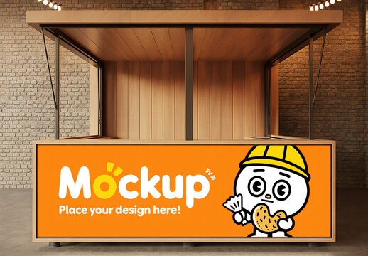 Wooden Food Stall Mockup with Orange Banner and Cute Cartoon Character Illustration