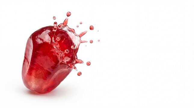 Single pomegranate aril splashing with juice isolated on white background