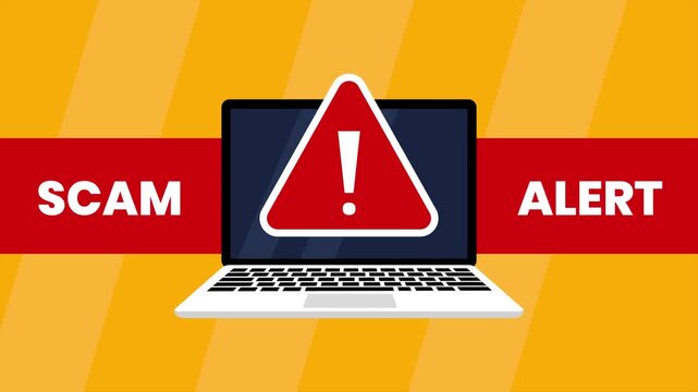 Scam alert on laptop screen warning of potential threat animated 4k motion graphic