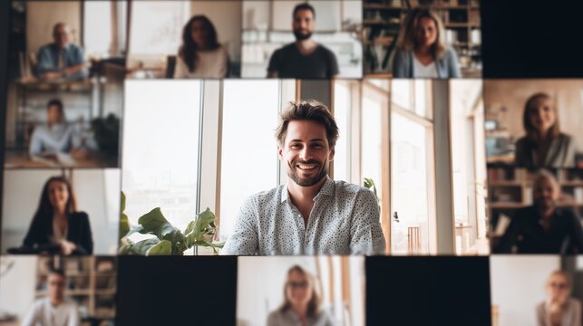 Virtual meeting with smiling man surrounded by participants on screen