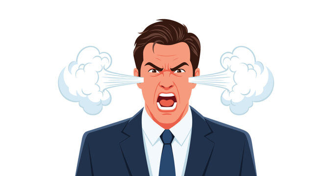 Extremely angry businessman in a suit shouting with white steam blowing out of his ears against a plain white background.