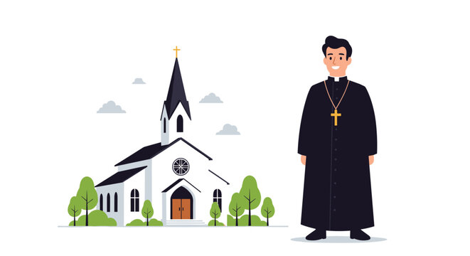 Catholic priest standing next to a small traditional church building with a cross on top in a simple vector art style.
