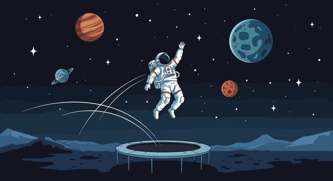 Astronaut in a space suit jumping high on a trampoline on the surface of the moon with planets and stars in the background.