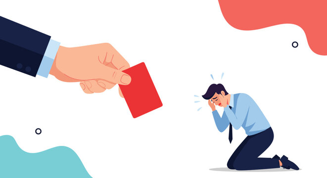 Large hand showing a red card to a kneeling businessman who is crying representing job termination or a penalty at work.