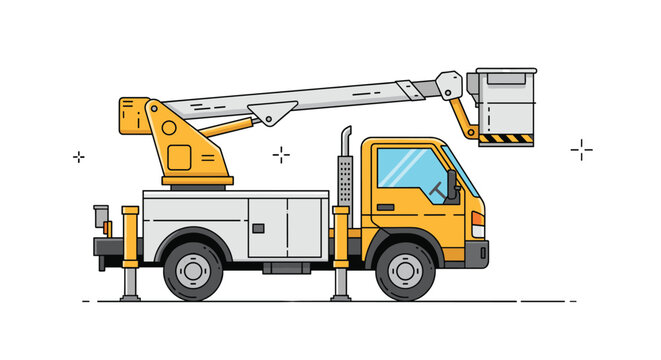 Industrial bucket truck or cherry picker vehicle for maintenance and utility work shown in a clean flat vector illustration.